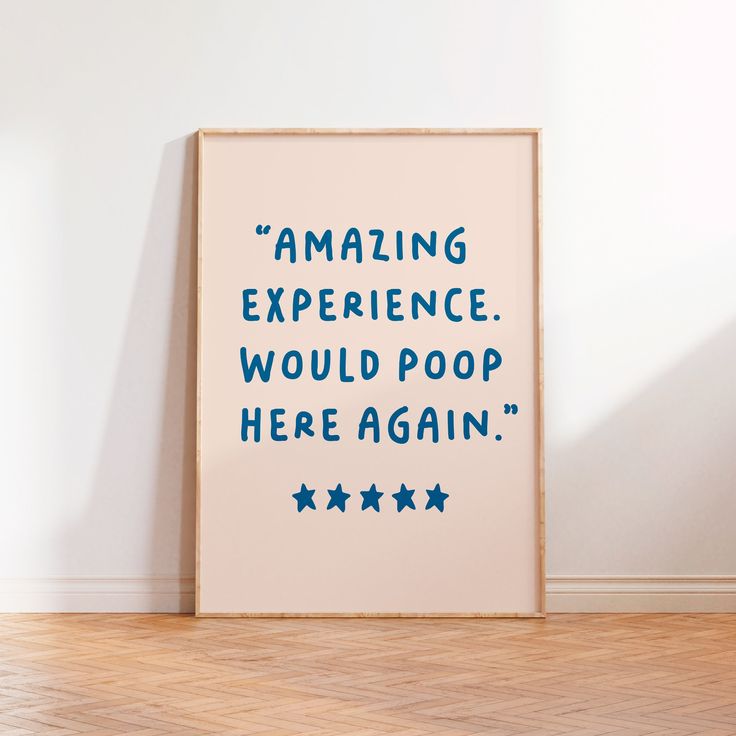 a framed poster with the words amazing experience would poop here again in blue ink