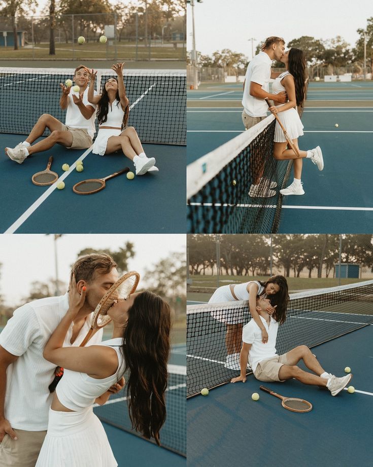 two people kissing on the tennis court while another woman holds her hand up to kiss him