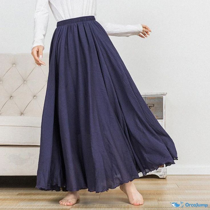 Orcajump - Artistic Cotton and Linen Maxi Skirt: Solid-Colored with Elastic Waist and Flared Design Linen Maxi Skirt, A Line Skirt, A Line Skirts, Maxi Skirt, Elastic Waist, A Line, Navy Blue, Solid Color, Elastic