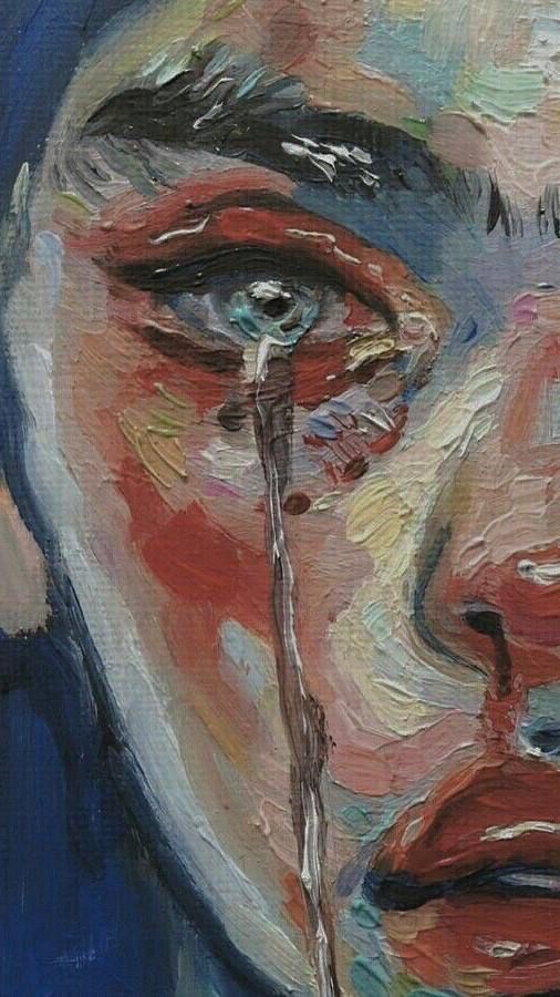 an oil painting of a woman's face with tears