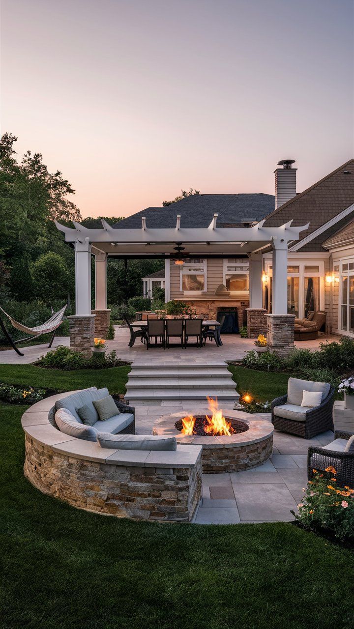 an outdoor patio with seating and fire pit