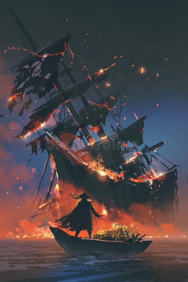 an image of a pirate ship in the water with fire coming out of it's hull