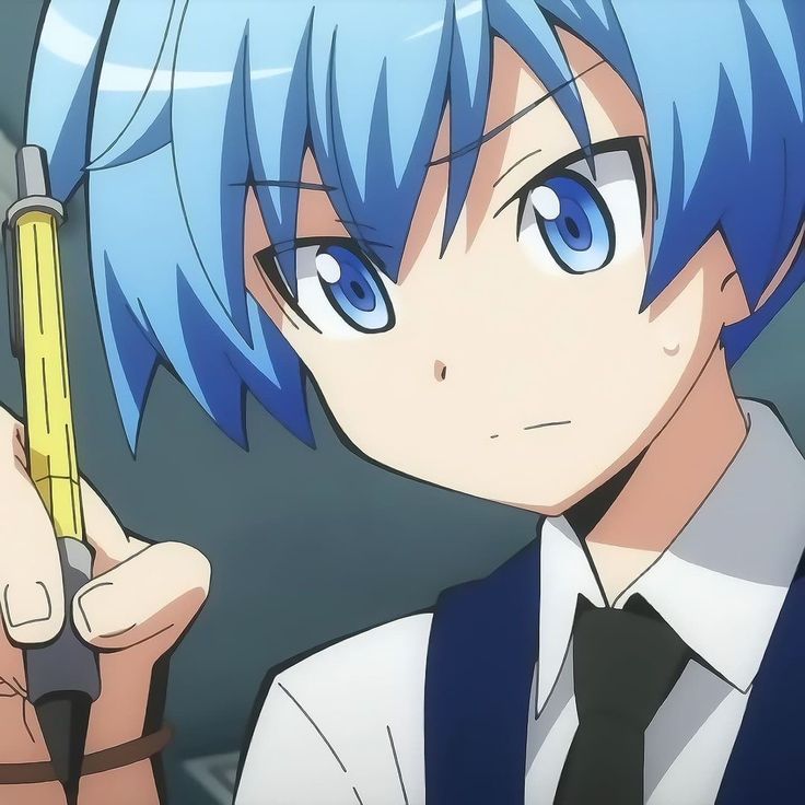 an anime character with blue hair holding a pen in one hand and looking at the camera