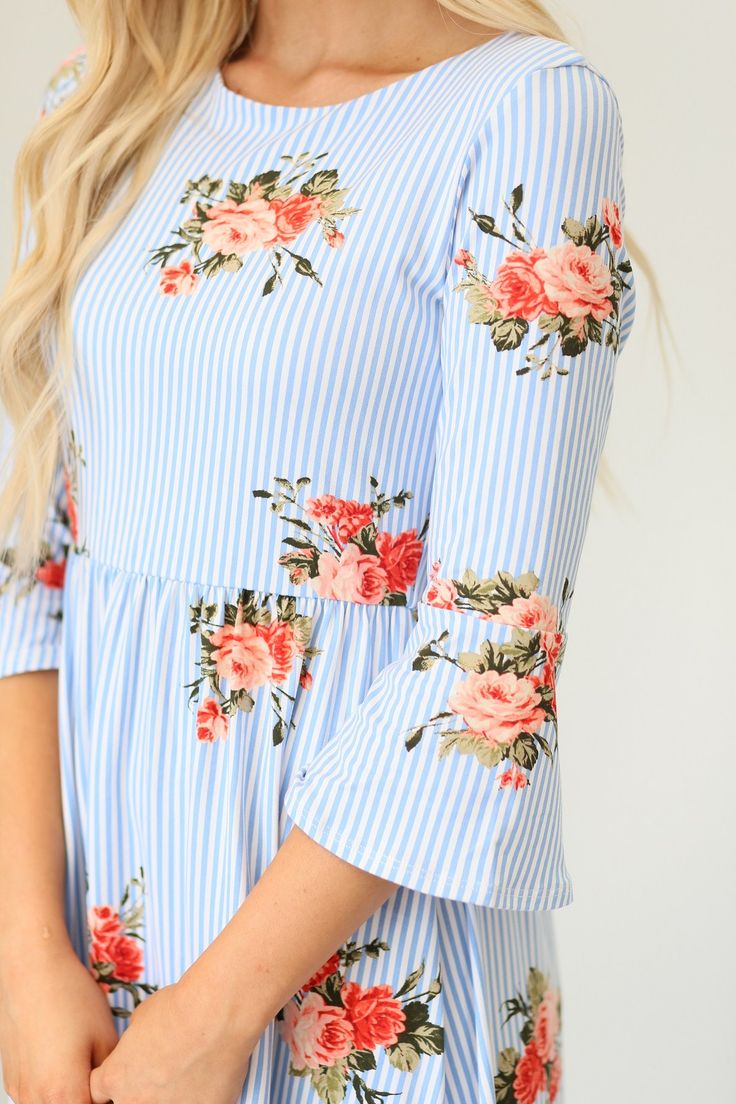 modest dress at LatterDayBride with floral and stripe pattern, belle sleeves Outif Ideas, Lds Fashion, Bff Hoodies, Apostolic Clothing, Modest Clothes, Hooded Sweatshirt Dress, Apostolic Fashion, Modest Dress, Trendy Swimwear