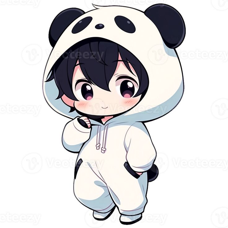 a cartoon panda bear wearing a hoodie and standing in front of a white background