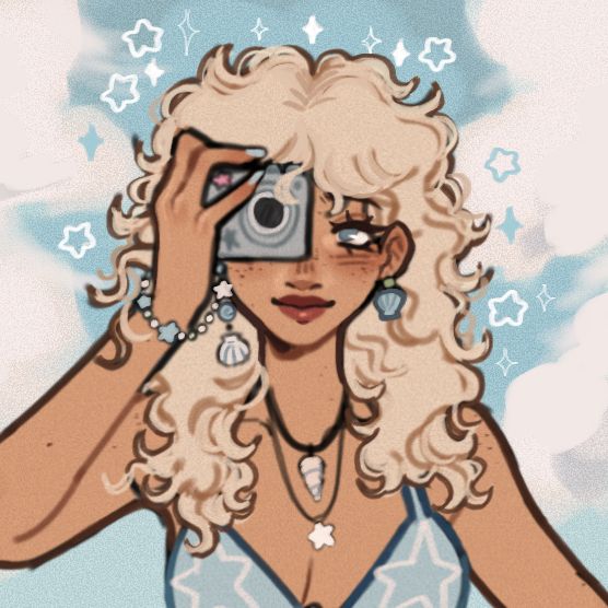 a drawing of a blonde woman taking a photo with her camera and looking into the sky