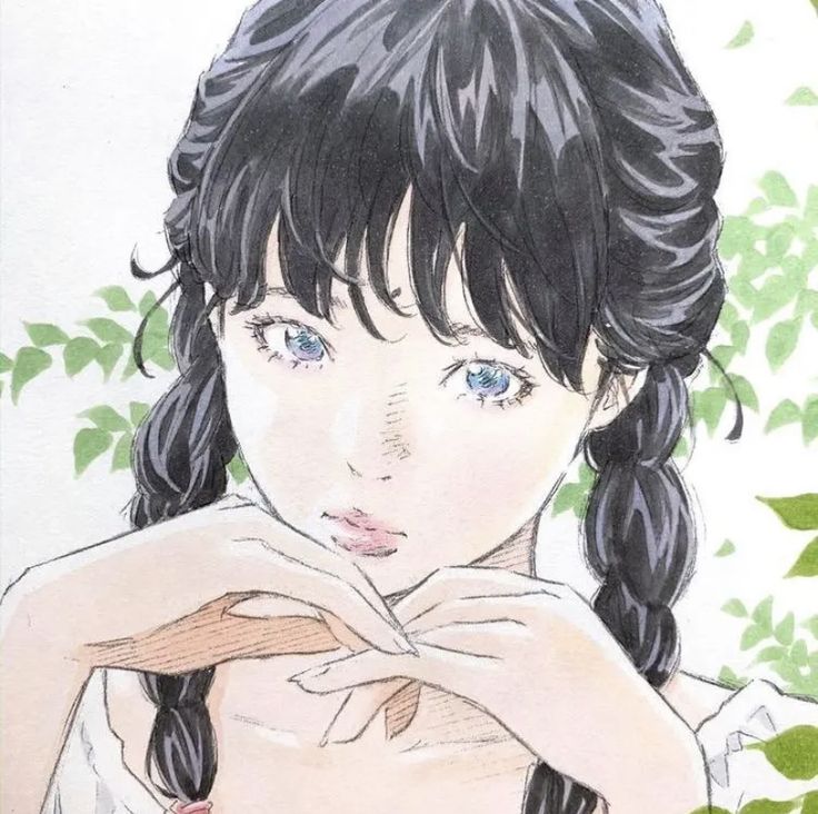 a drawing of a girl with long black hair and blue eyes wearing a white dress