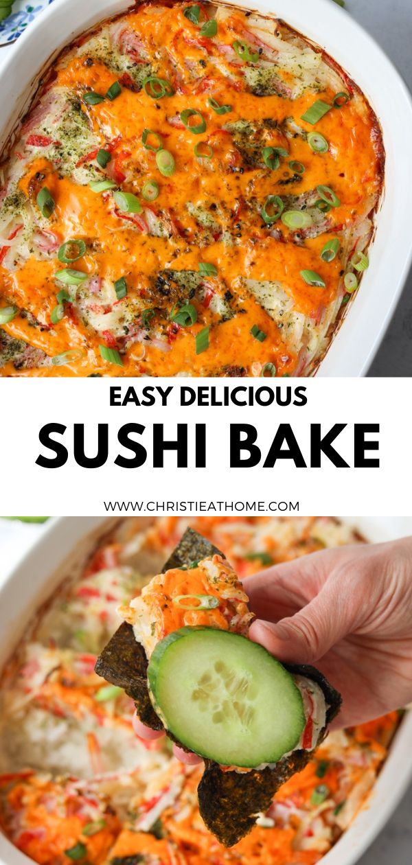 an easy and delicious sushi bake with cucumber in the middle