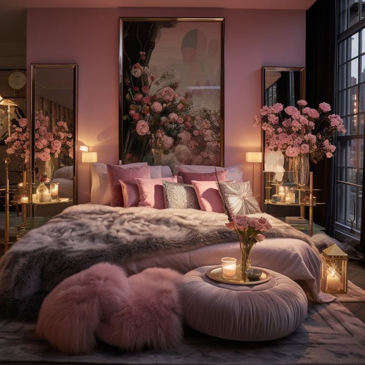 a bedroom with pink walls and flowers on the bed, candles in front of it