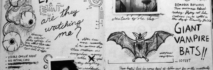 an open book with pictures and writing on it, including bats in the pages next to each other