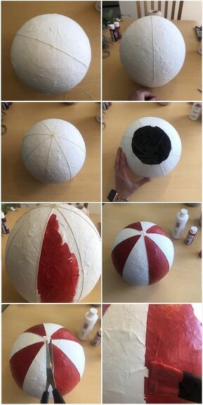 there are many different pictures of the same ball that has been painted red and white