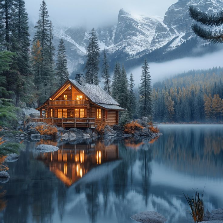 a cabin sits on the shore of a mountain lake