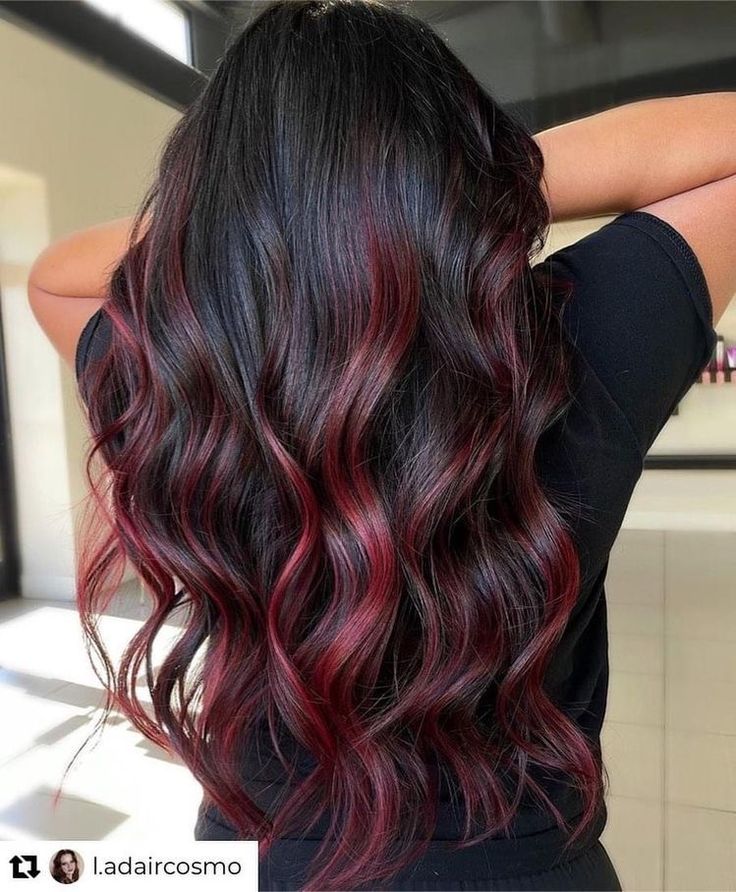 Balayage Hair Red And Black, Burgundy Peekaboo Highlights, Black To Wine Red Ombre Hair, Burgundy To Black Ombre Hair, Dark Cherry Hair Balayage, Red Hair Balayage Black, Wine Hair Ombre, Dark Brown Burgundy Balayage, Hair Colour Red Highlights