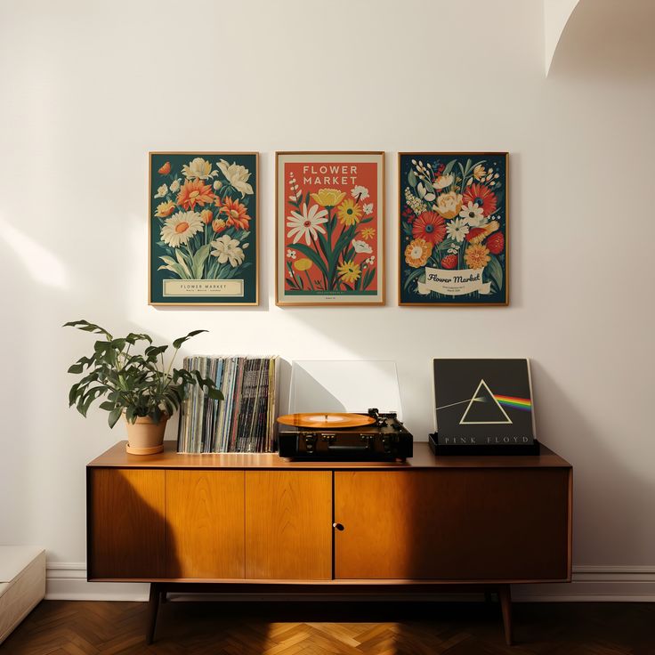 there are three pictures on the wall above a record player and a potted plant