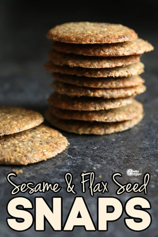 sesame and flax seed snaps are stacked on top of each other with text overlay that reads sesame and flax seed snaps