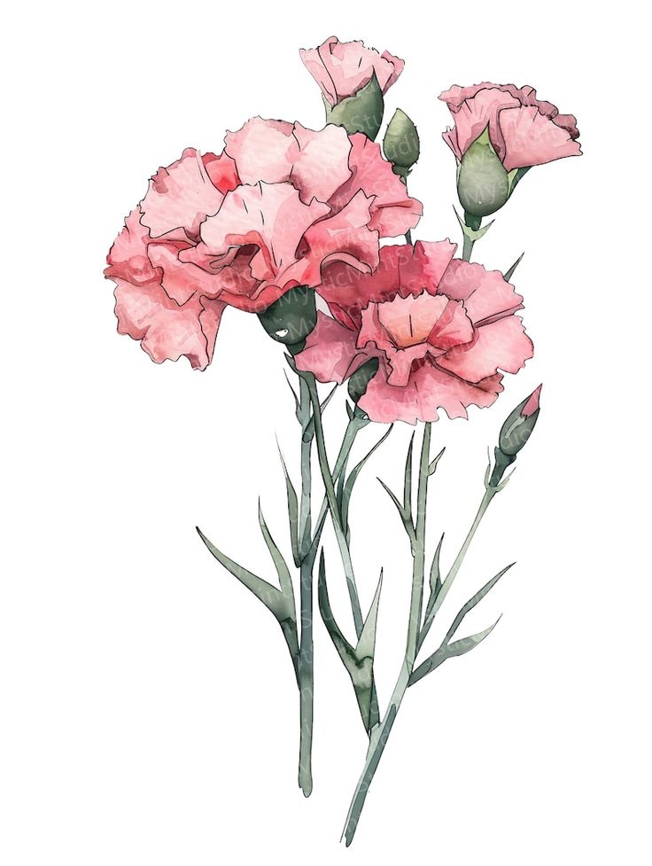 watercolor painting of pink carnations with green stems and buds on a white background