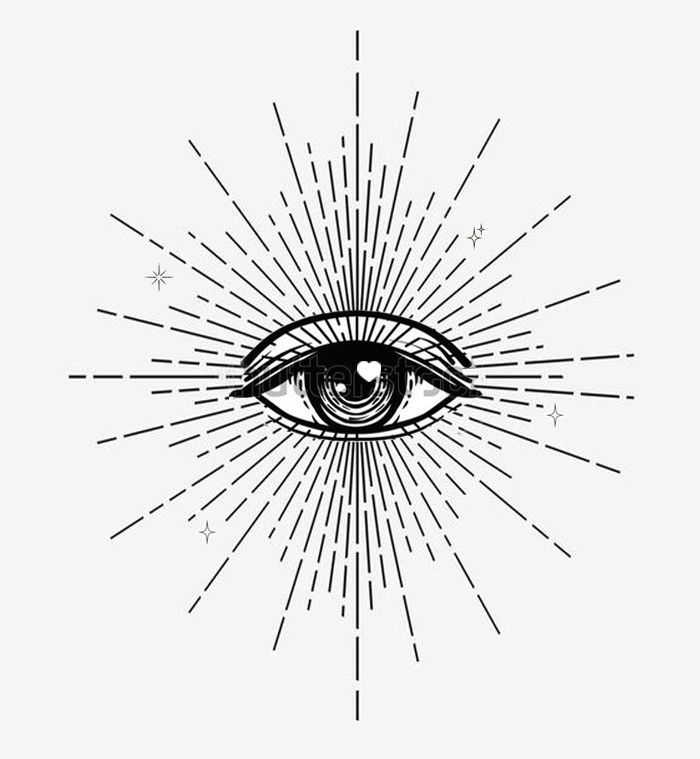 an all seeing eye with rays coming out from the iris, in black and white