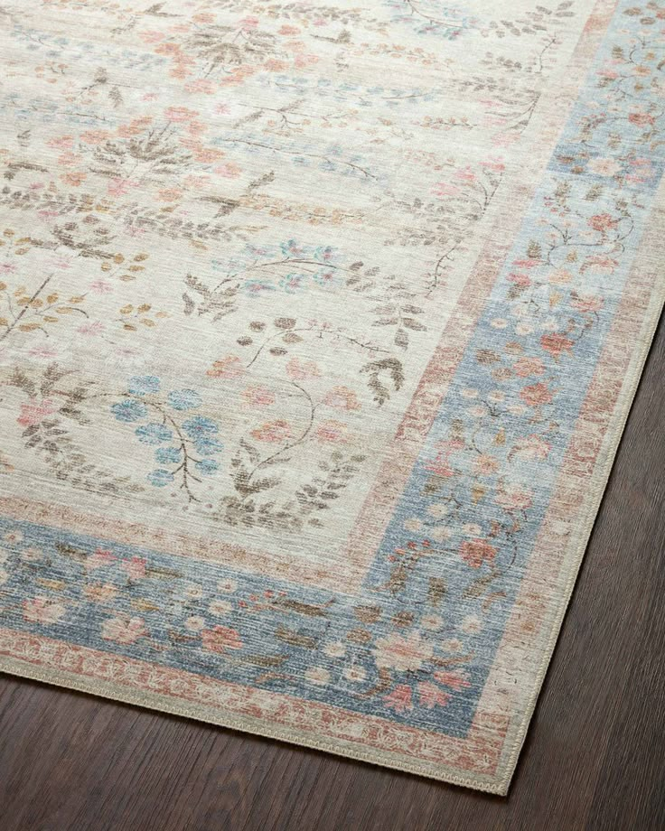 Rifle Paper Co. x Loloi Palais PAL-04 Floral / Botanical Area Rugs | Rugs Direct Rugs Pastel Colors, Cream Rugs For Bedroom, French Cottage Rug, Blue Dining Room Rug, Cute Rugs For Dorm Rooms, Cottage Style Rugs, Pastel Rugs Bedroom, Living Room Rug Aesthetic, Farmhouse Cottage Core