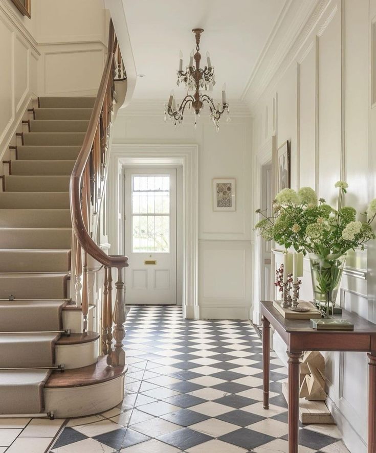 an elegant entryway with white walls and black and white checkered floor