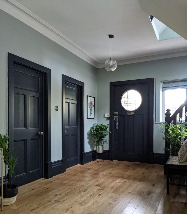 an empty room with black doors and wooden floors, potted plants on either side of the door