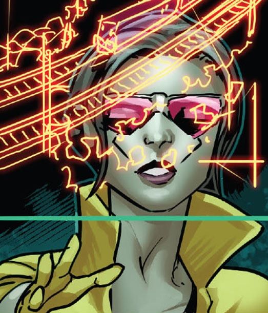 a woman with pink glasses and neon lights