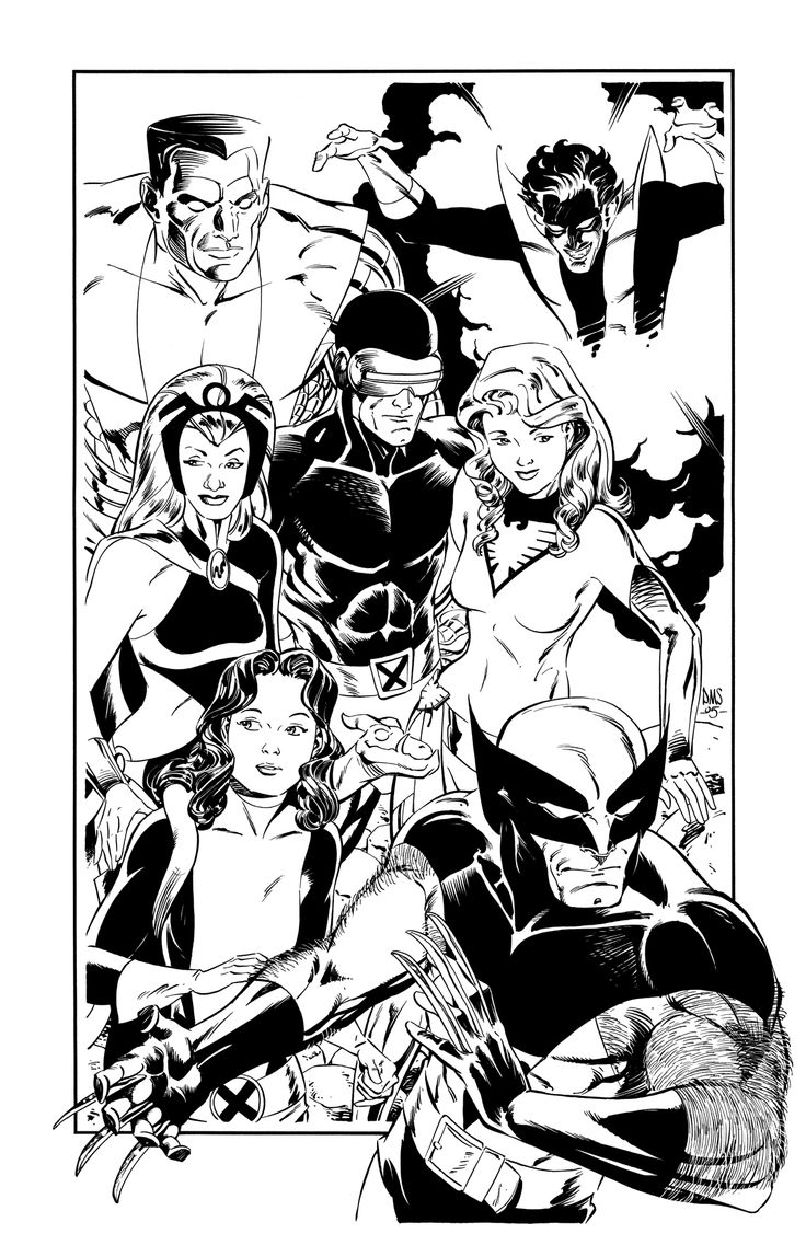 black and white drawing of many superheros with their faces in the center, surrounded by other characters