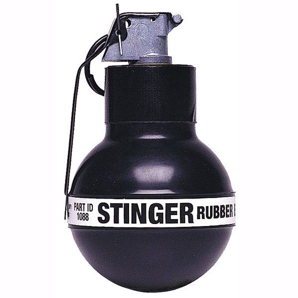 a black round bottle with the word stinger rubber on it