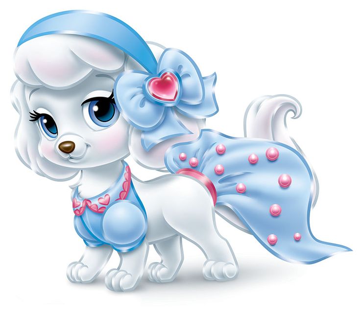 a small white dog wearing a blue dress and pink bow on it's head