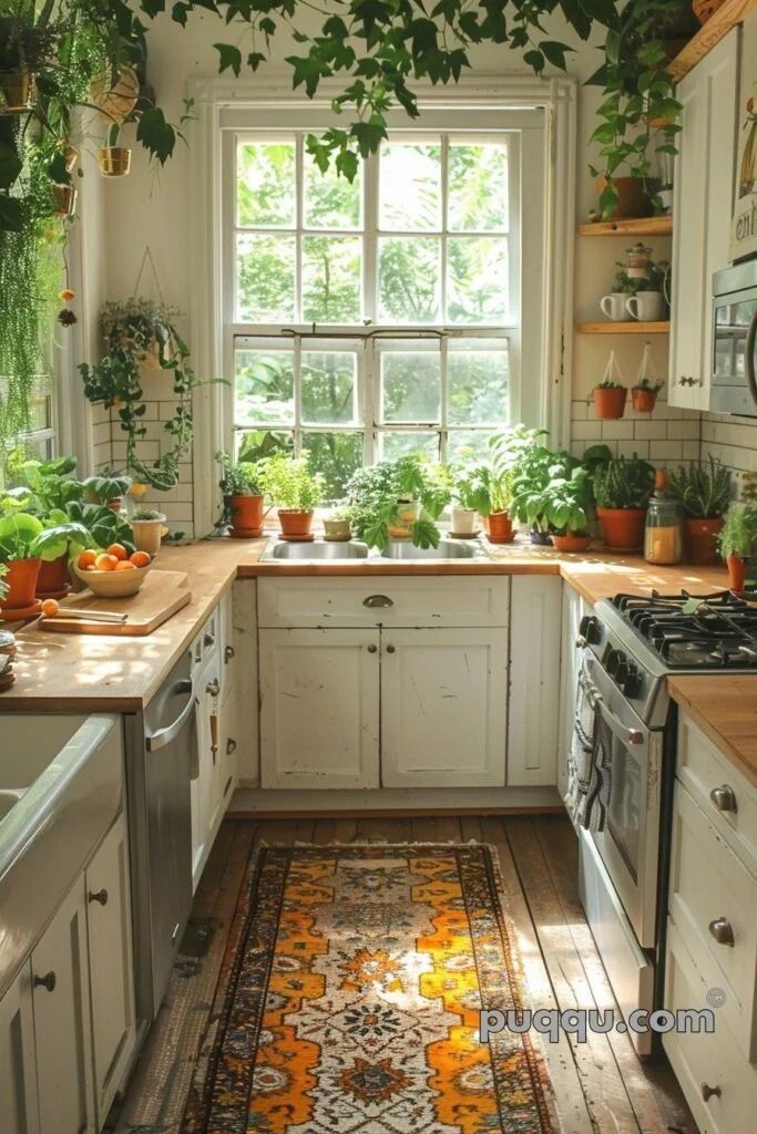 a kitchen filled with lots of plants next to a stove top oven under a window