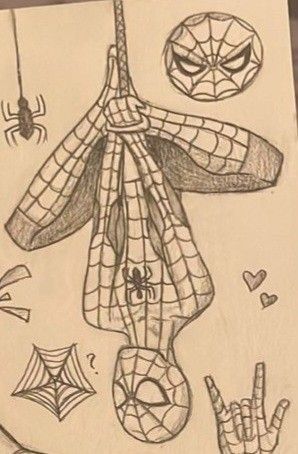 a drawing of spiderman hanging from the ceiling with his hands in front of him