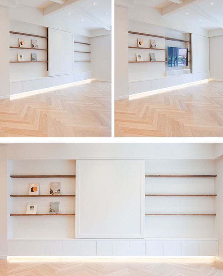 two pictures of the inside of a white room