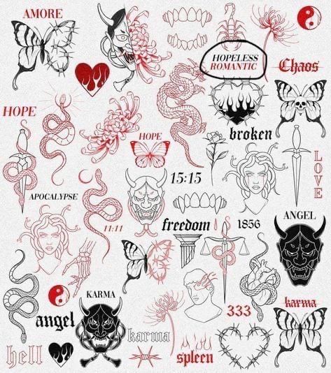 many different tattoo designs on a white paper with black ink and red ink, including the words