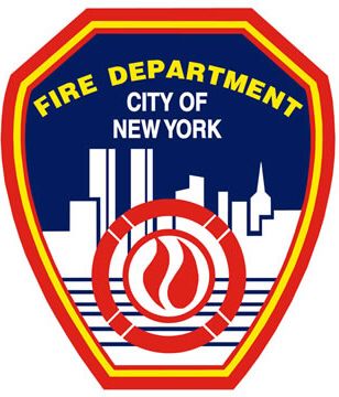 the city of new york fire department logo is shown in red, blue and yellow