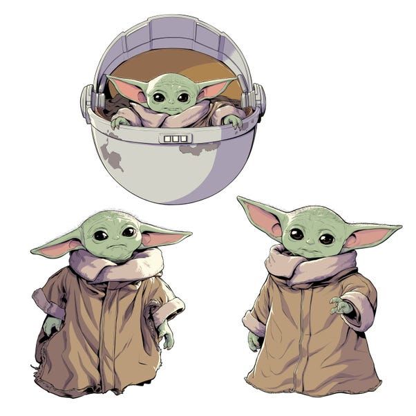 the child yoda from star wars is shown in three different poses, including one with an