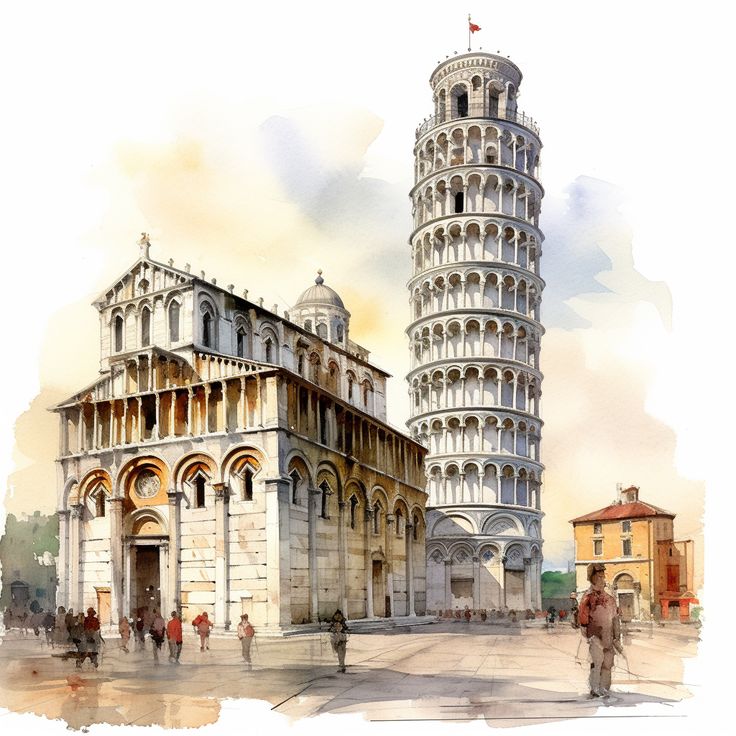 the leaning tower of pisa is painted in watercolor and ink on paper, with people walking around it