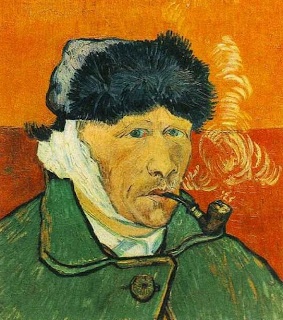 a painting of a man with a pipe in his mouth and wearing a blue hat