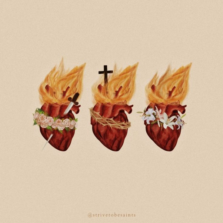 two hearts with flames and a cross in the middle one has flowers on it while the other is burning