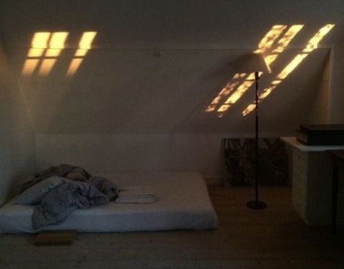 an empty bedroom with sunlight streaming through the windows on the wall and bed in the foreground