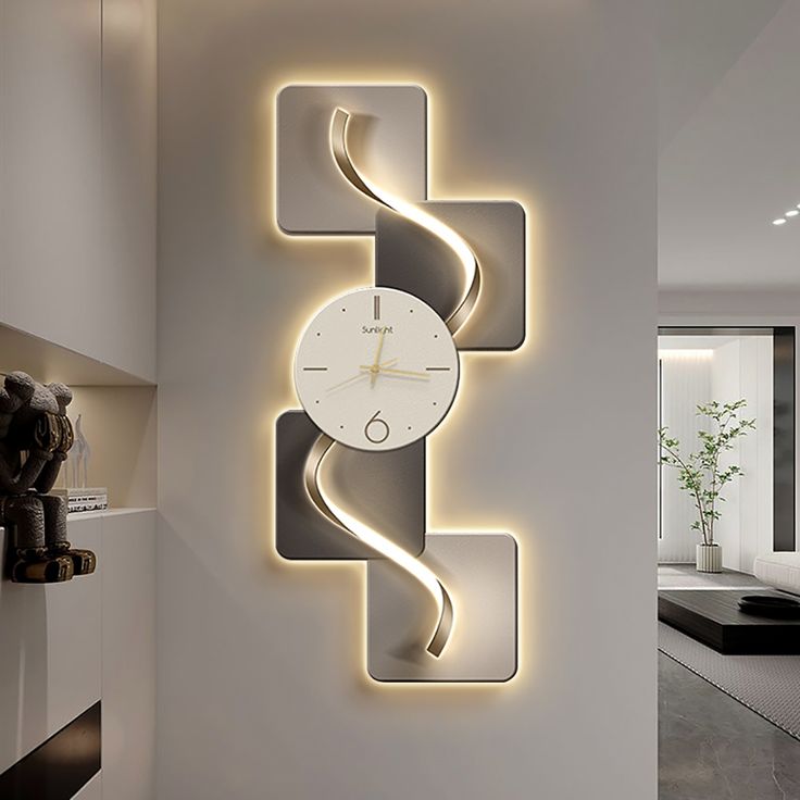 a clock mounted to the side of a wall next to a living room with white furniture