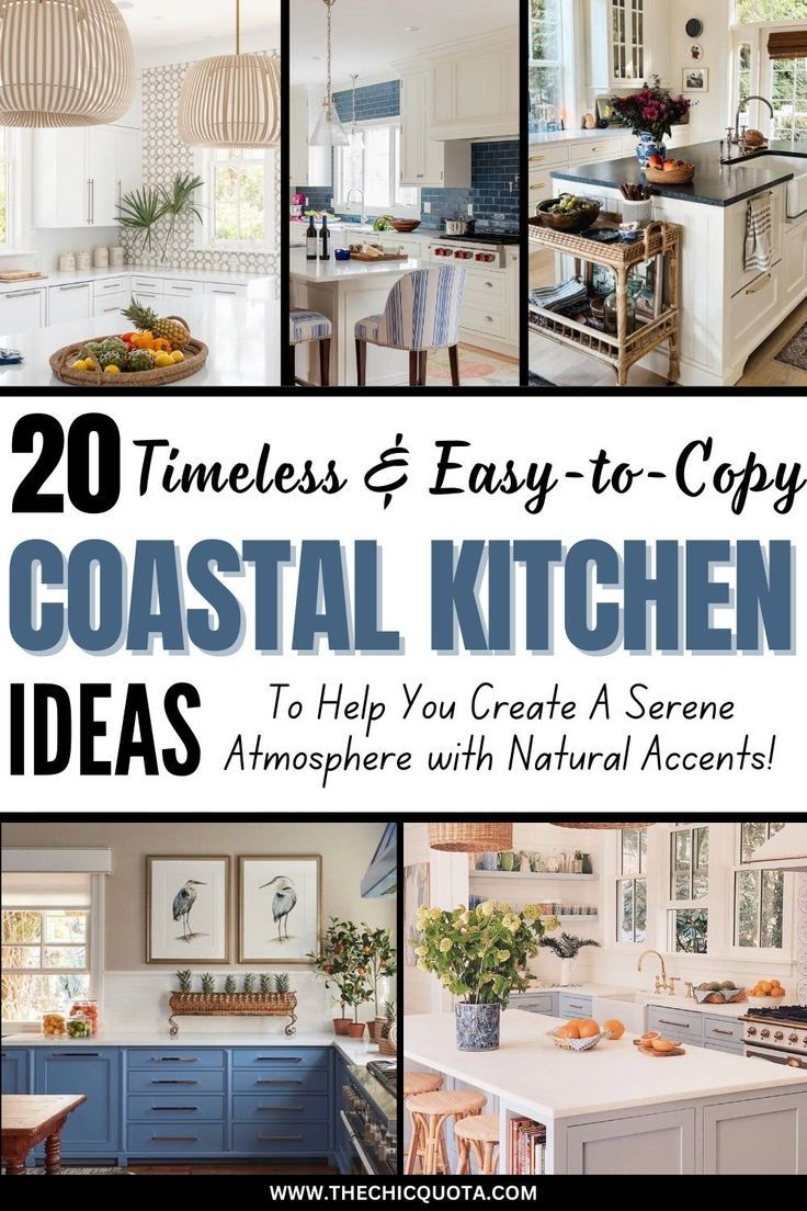 coastal kitchen Elegant Beach House Decor, Beach Kitchen Island, Themed Kitchen Ideas, Corner Countertop Decor, Decorate Top Of Kitchen Cabinets, Beach Themed Kitchen, Coastal Decorating Ideas, Beach Cottage Kitchen, Coastal Cottage Kitchen