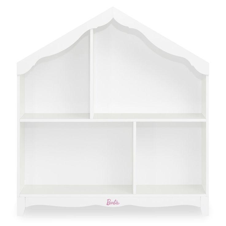 a white shelf with three shelves on each side and the word barbie written in pink