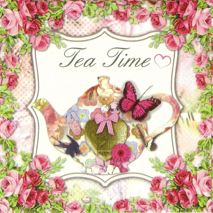 a tea time card with pink roses and butterflies