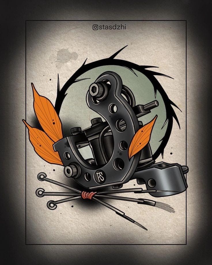 an image of a tattoo machine with orange leaves on the front and black back ground