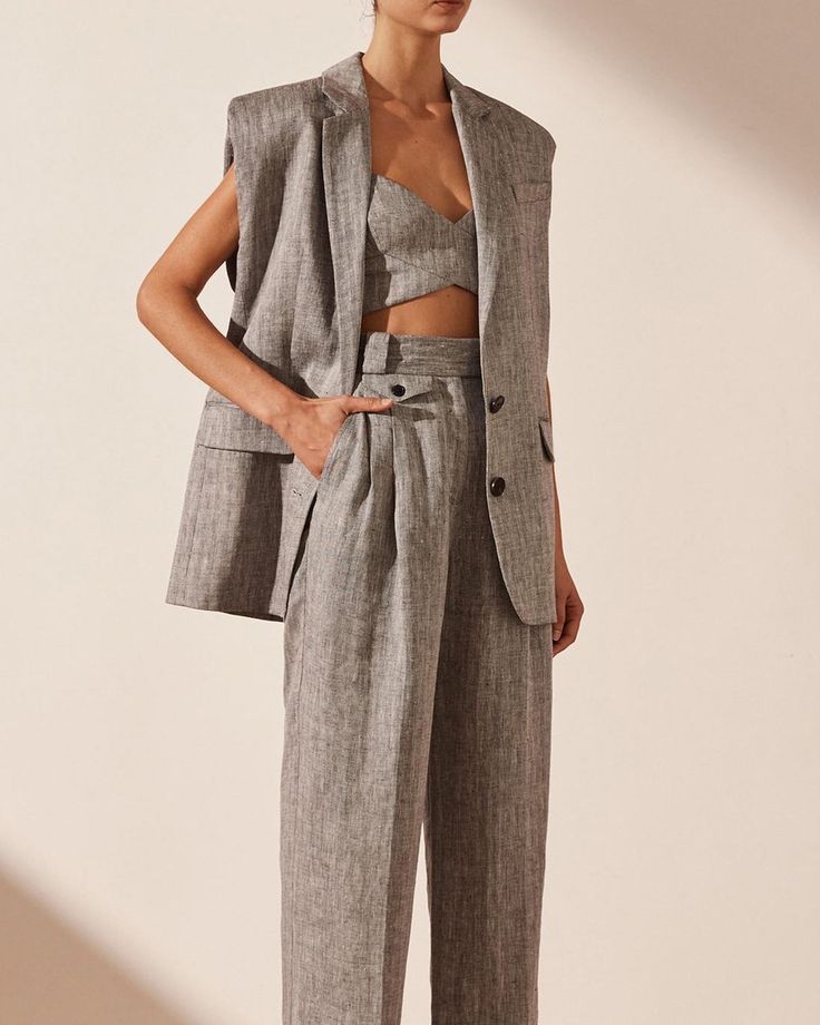 Linen Suits Women, Sleeveless Blazer, Linen Suits, Shona Joy, Linen Suit, Linen Jacket, Tailored Blazer, Vest Outfits, Bralette Tops