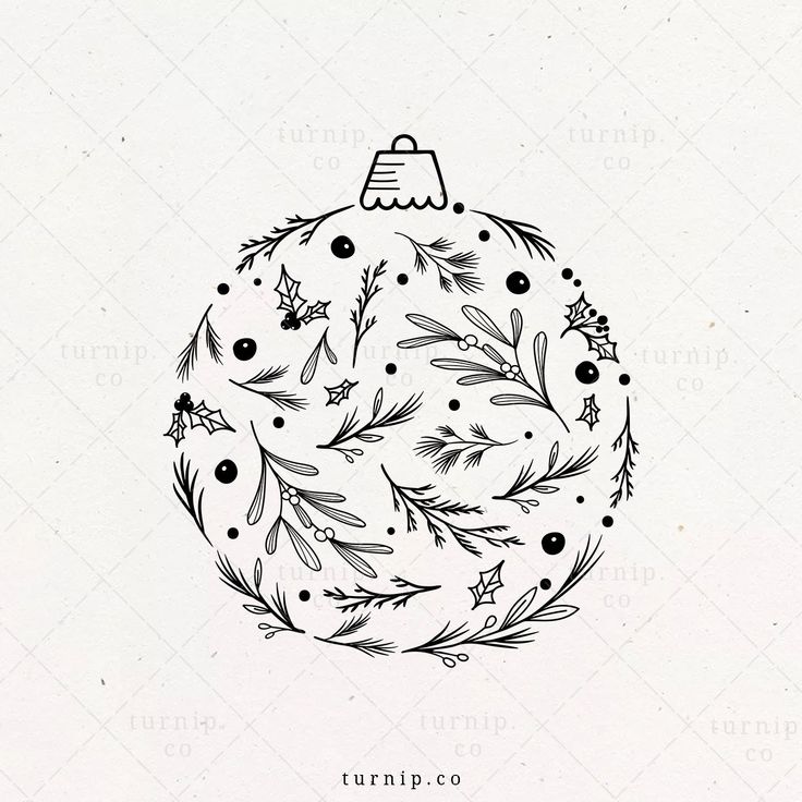 a black and white drawing of a christmas ornament with holly leaves on it