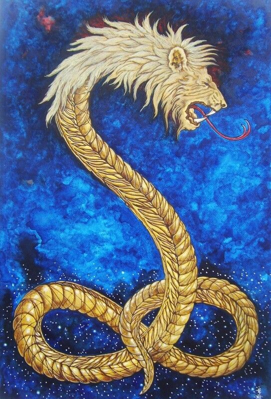 a painting of a golden snake with its mouth open