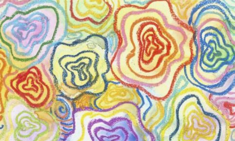 an abstract painting with many different colors and shapes on it's surface, including swirls