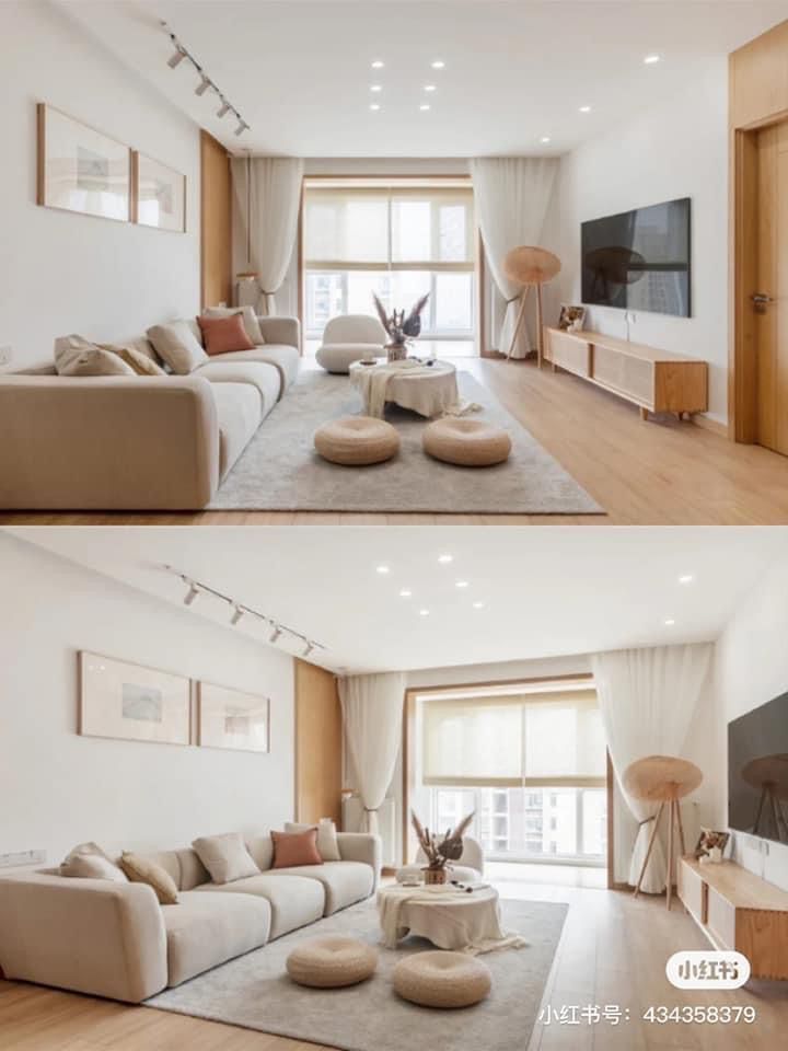 two pictures of a living room with white furniture and wood flooring, one in the middle