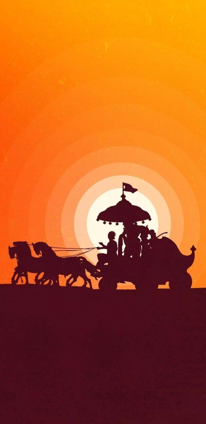 a horse drawn carriage in front of an orange sky with the sun setting behind it