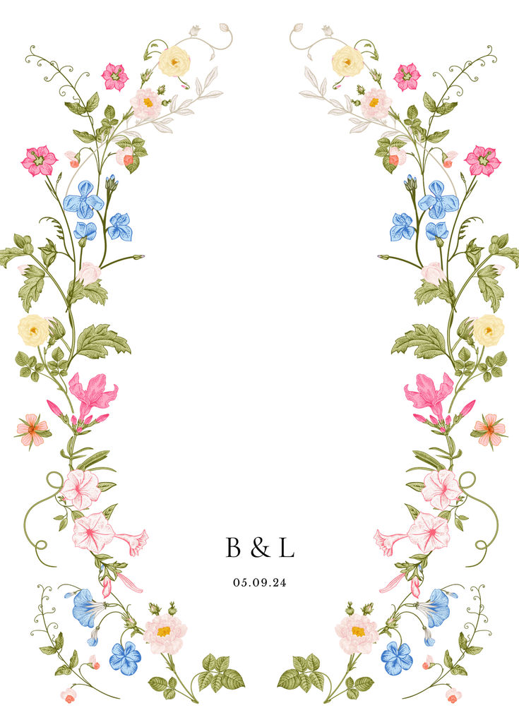 a wedding card with flowers and leaves on it, in the shape of a letter b and l